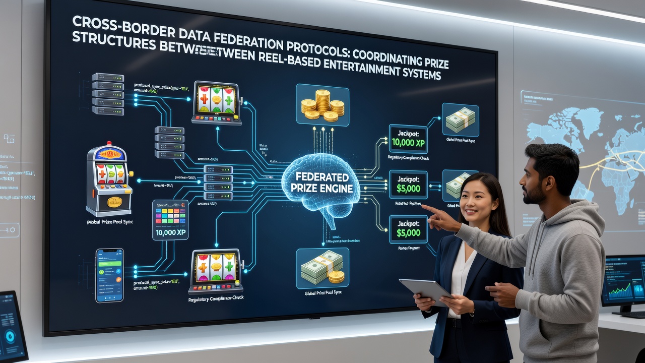 Operators reviewing synchronized prize data on unified gaming network dashboards