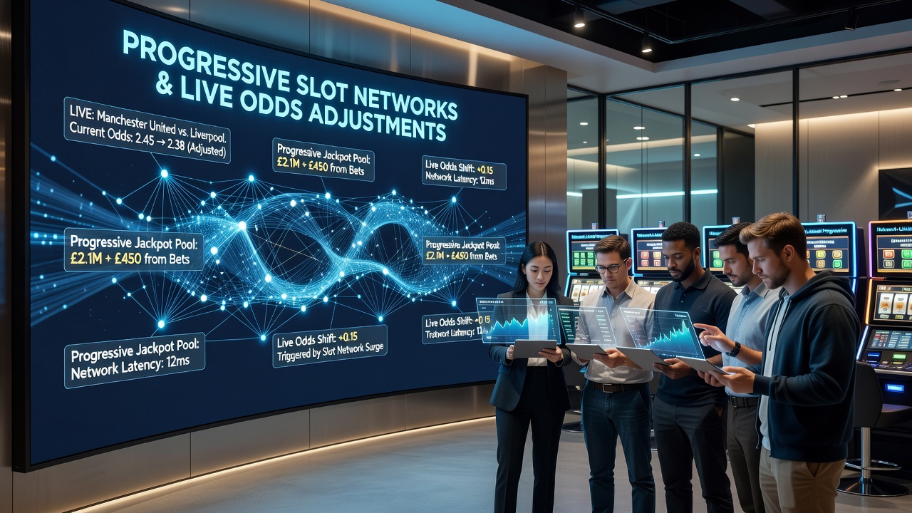Networked progressive slot systems displayed alongside real-time football betting interfaces showing live odds fluctuations