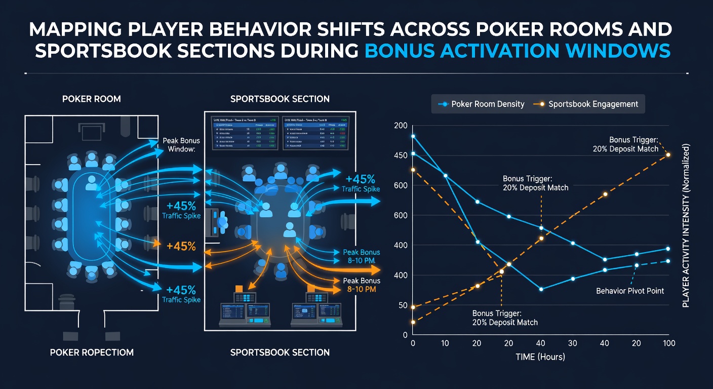Visualization of player movement patterns between poker rooms and sportsbook areas during active bonus periods