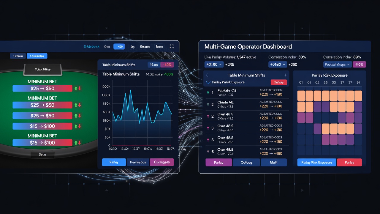 Operator dashboard displaying blackjack table minimums alongside football parlay options during a live session