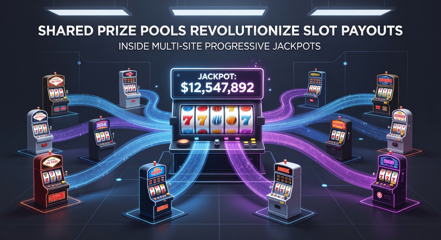Animated graphic showing jackpot contributions flowing from various online casinos into a central shared progressive pool, with exploding win notifications