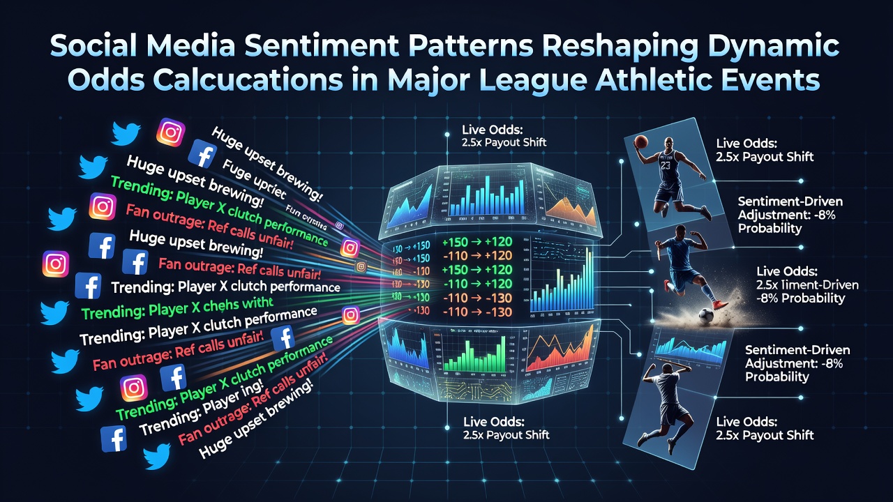 Social media feeds displaying real-time sentiment analysis overlays on live sports betting interfaces for major league events