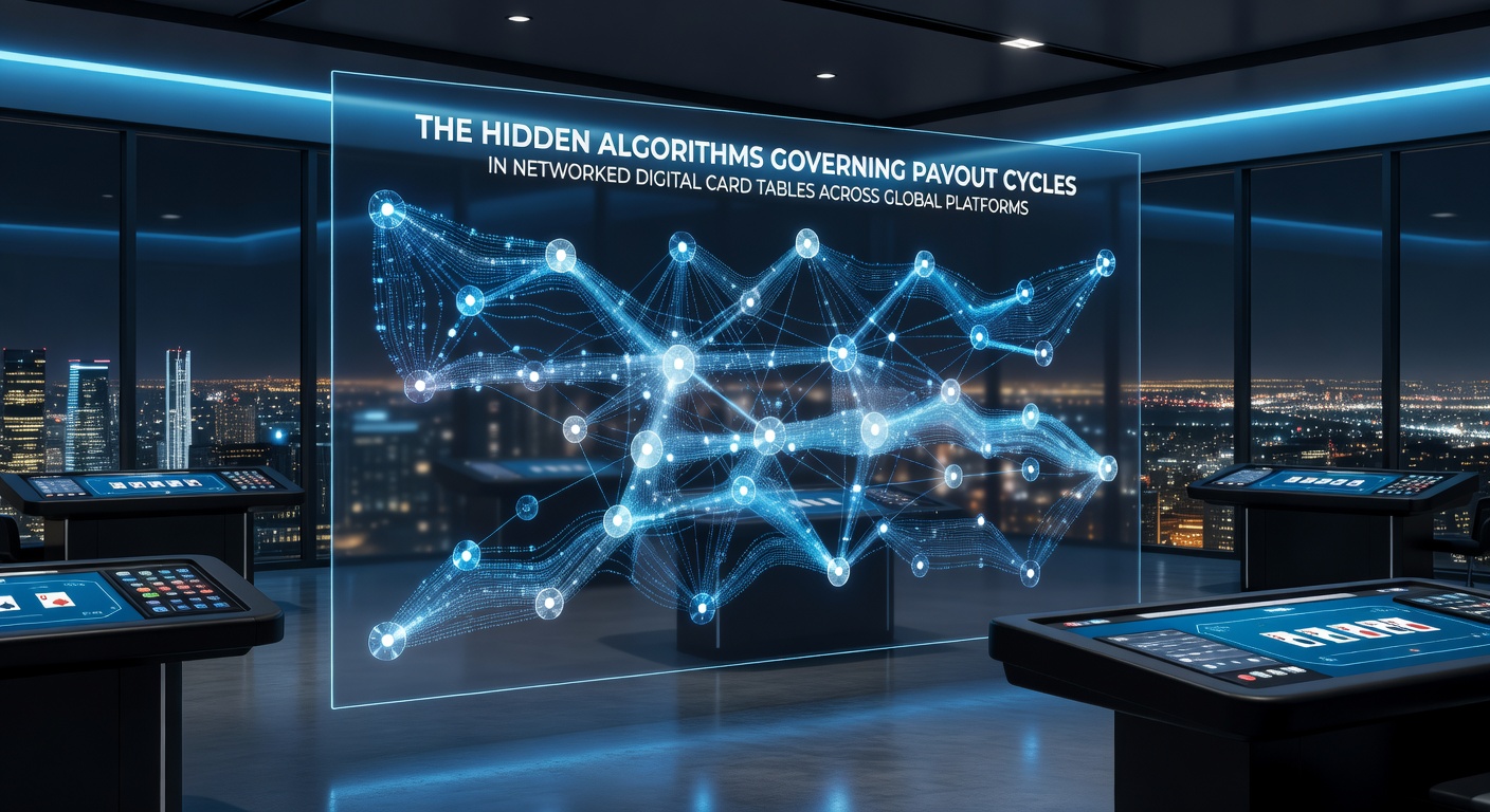 Global network diagram illustrating payout cycle synchronization between digital card tables on different continents