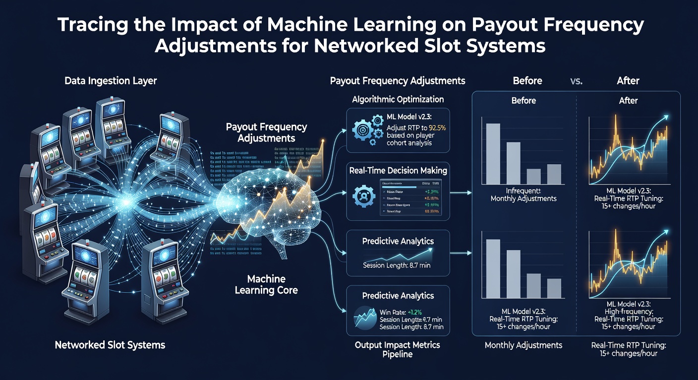 Data visualization dashboards displaying payout frequency curves and machine learning model influence on networked slot performance metrics